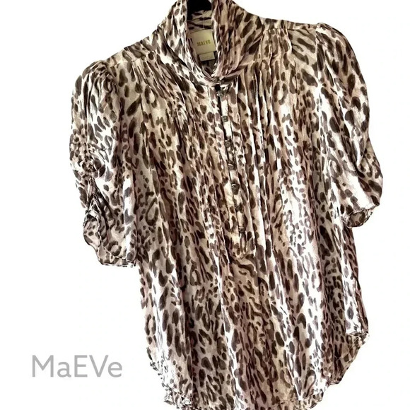 MaEVe | ANIMAL PRINT SHORT SLEEVE BLOUSE PLEATS BUTTON UP NECK | SIZE: 4 - Picture 1 of 12